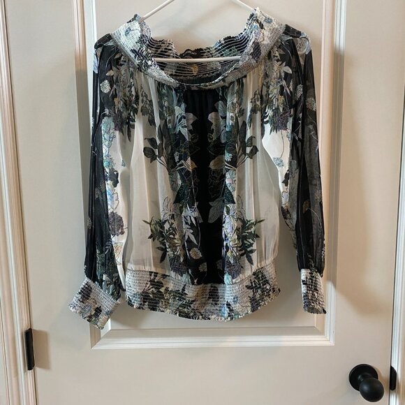 Bebe Off Shoulder Sheer Multicolor Floral Top Size Medium - Picture 5 of 6